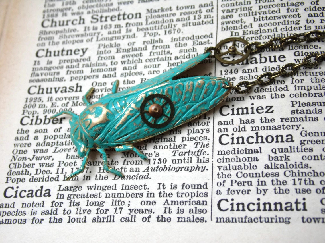 Steampunk Verdigris Cicada Necklace vintage watch parts - CLOCKWORK BEETLE Ed2 - patinated brass - ooak - etsy uk