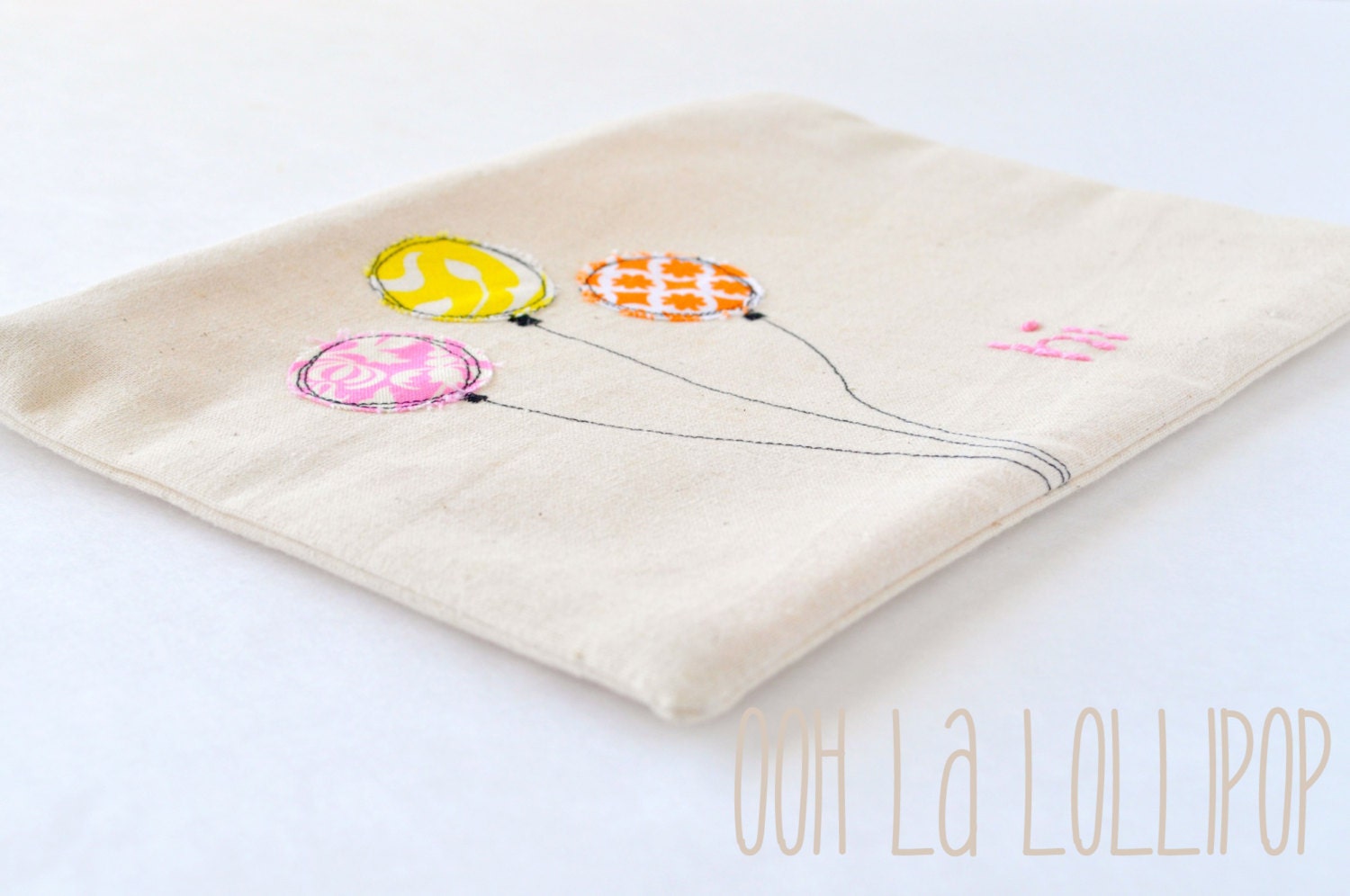 Muslin Pencil Pouch, hand embloidered and appliqued with fabric balloons - ONLY ONE LEFT