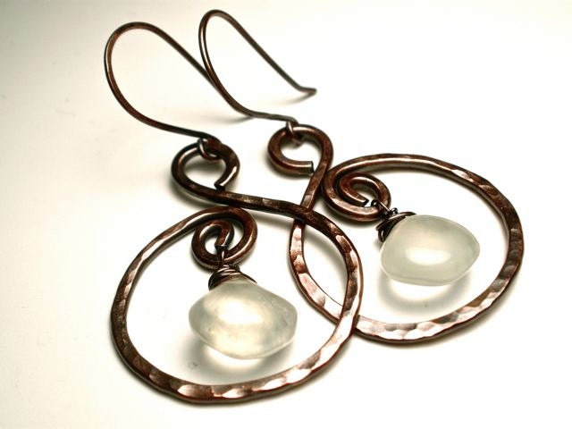 Light Green Prehnite Gemstone and Hammered Copper Earrings