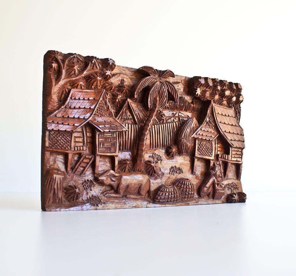 Vintage Island Wood Relief Carving