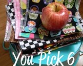 Reusable Snack Bag Bundle You PICK Set of 6 - Over 65 choices - Fast Ship ecofriendly - mustaches -chevrons -owls -russian dolls -dinosaurs