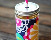 Bold Flower Mason Jar cup  24 oz large Tumbler w sleeve- travel mug - teachers gift - mothers day- candy swirl straw included