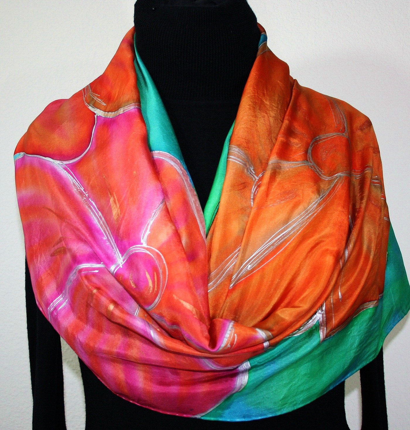 Hand Painted Silk Scarf Spring Memories. Silk Wrap in Pink, Teal, Orange. Extra LARGE 21x70. Made in Colorado. 100% silk. MADE to ORDER.
