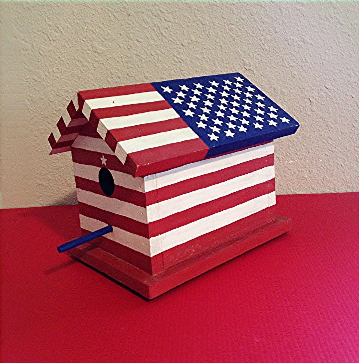 One-of-a-Kind American Flag Birdhouse, Hand Painted, Original Design, Unique Art Work
