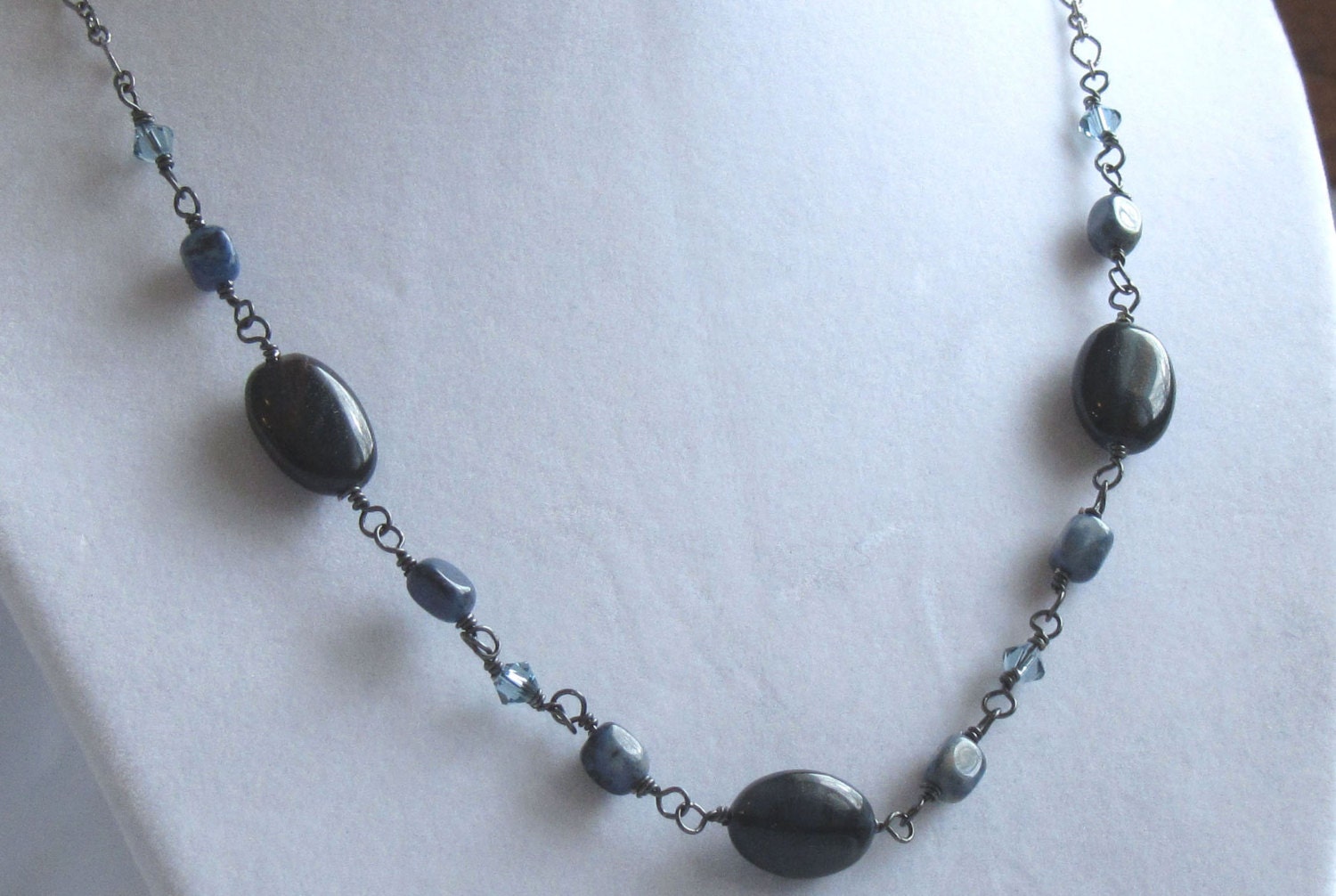Shadow Smoke - Blue Tiger Eye, Dumortierite, and Swarovski Necklace with Gunmetal Chain