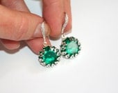 Vintage German cut glass crystal Emerald green crystal set silver earrings