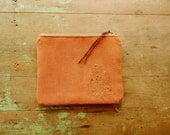 Zip pouch / faux suede / burnt orange purse / embroidered / upcycled