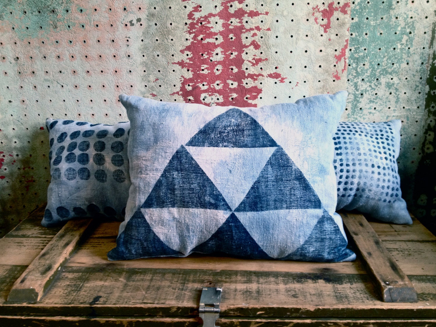 Natural Indigo Hand Dyed & Block Printed Decorative Pillow - Triangles