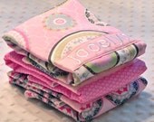Personalized Burp Cloths - Baby Girl Pink Gray and Aqua Flowers and Suzani Medallions