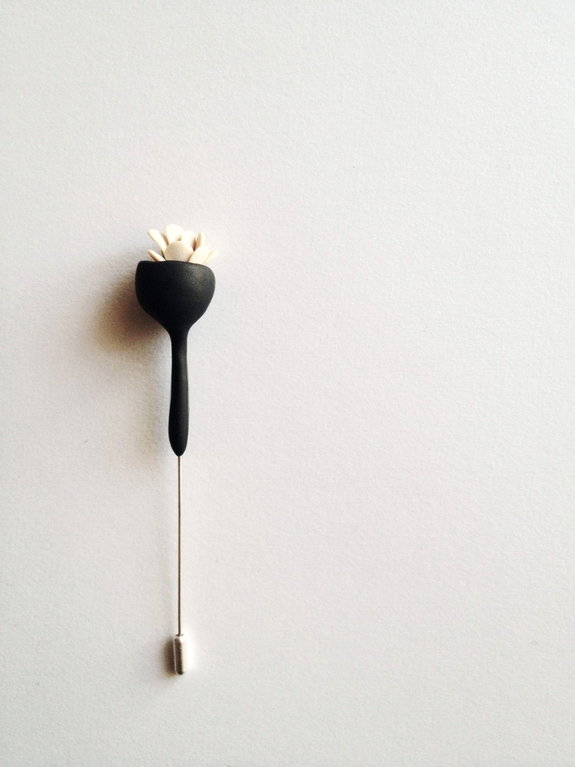organic minimal contemporary polymer clay brooch ''black bell flower with leaves'' medium size-made to order-