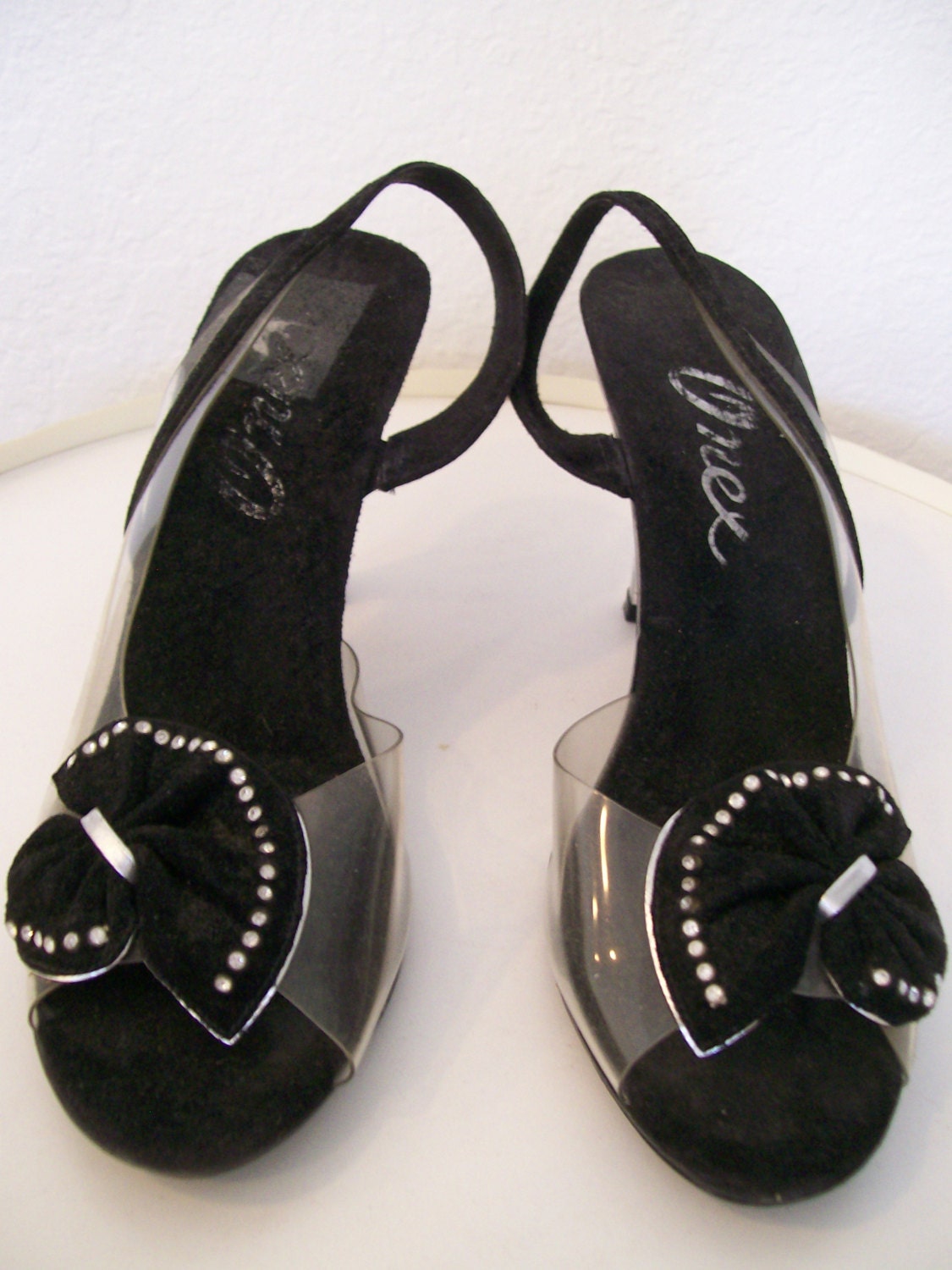 1970s Onex lucite and velveteen strappy shoes 6