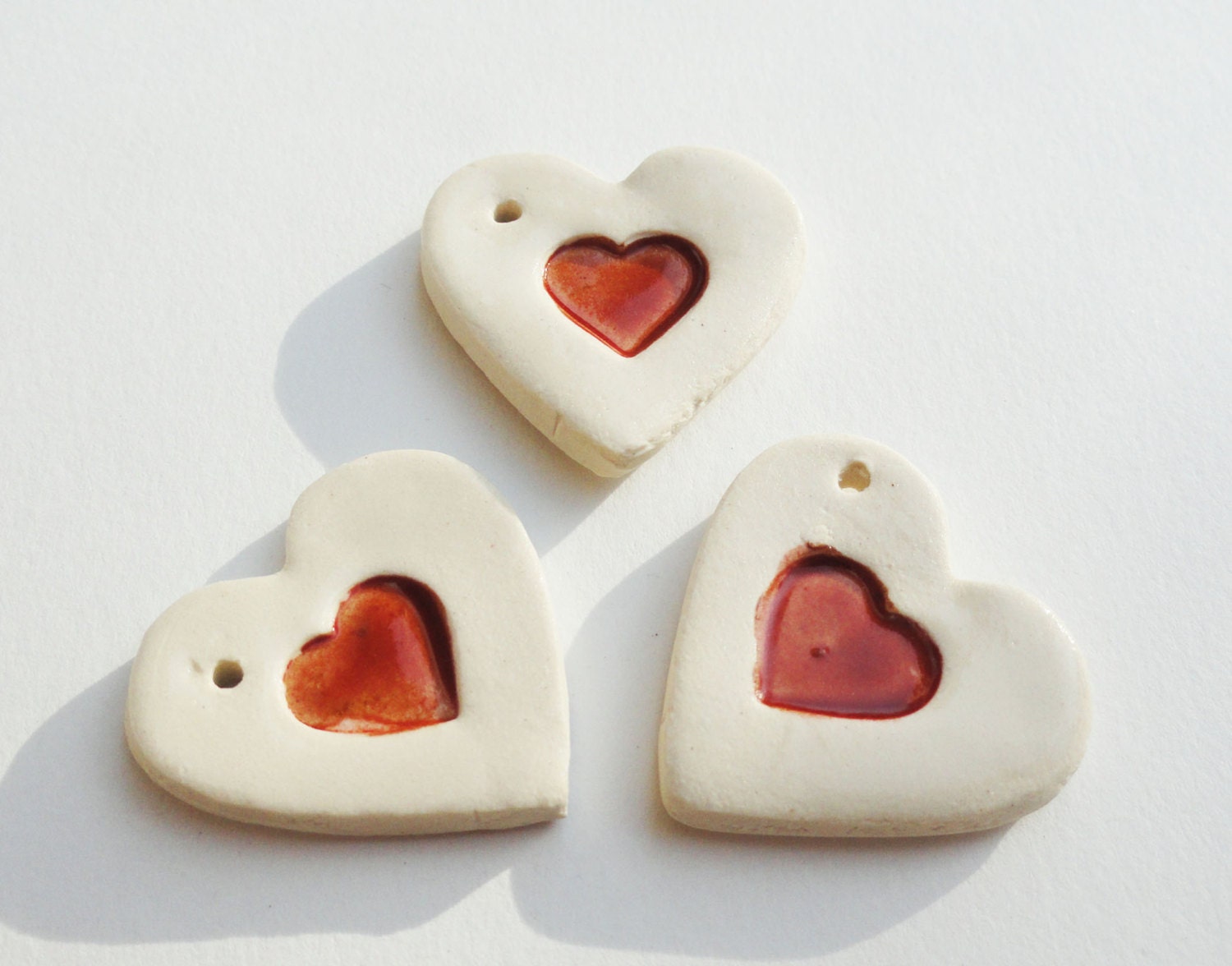 Handmade Ceramic Heart Beads Charms Pendants Red White Pottery Stoneware 1 inch supplies findings Modern Minimalist Trio Set of 3 Three