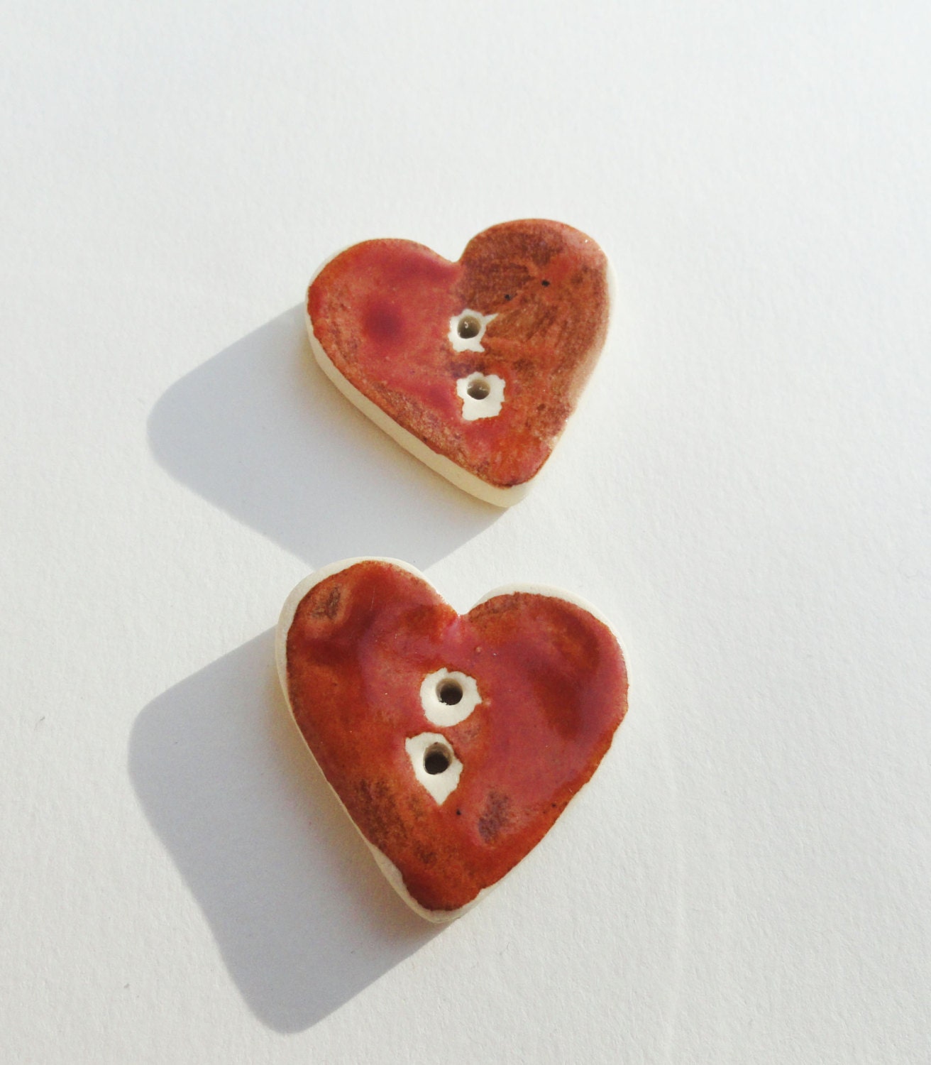 Ceramic Rustic Red Heart Button Handmade White Stoneware Pottery Set Modern Knitting Sewing Couture Dteam AEST teamhandmade LOH