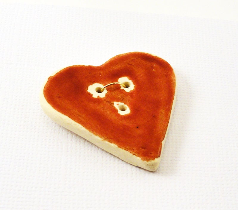 Large Ceramic Pottery Button Handmade Rustic Red Heart Modern Knitting Sewing Sew-On Couture Valentine's Day Romance White Stoneware Cotteam