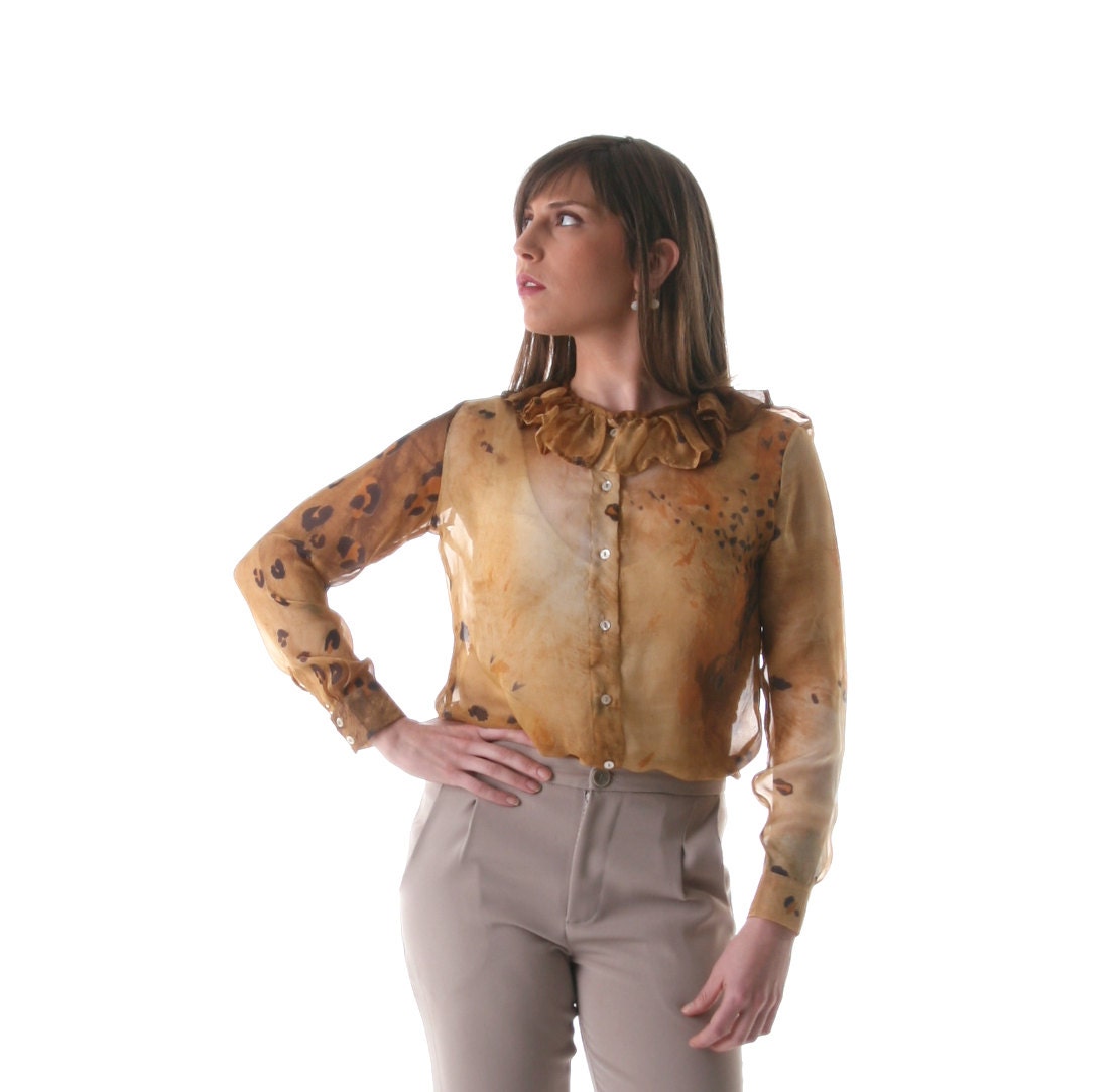 SALE  Sheer Leopard silk blouse, Ruffle Neckline Top, Elegant Buttoned top, Silky blouse, Winter fashion
