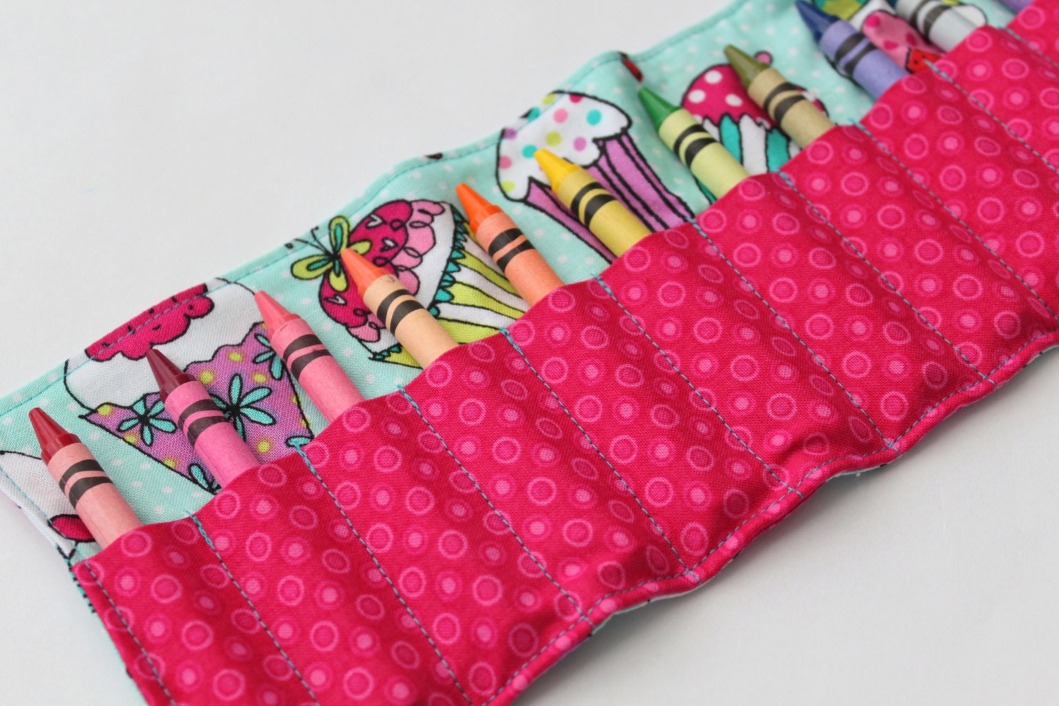 Children's Crayon Roll for Girls - with Ribbon or Velcro Closure (YOU PICK) - Teal and Pink Cupcakes
