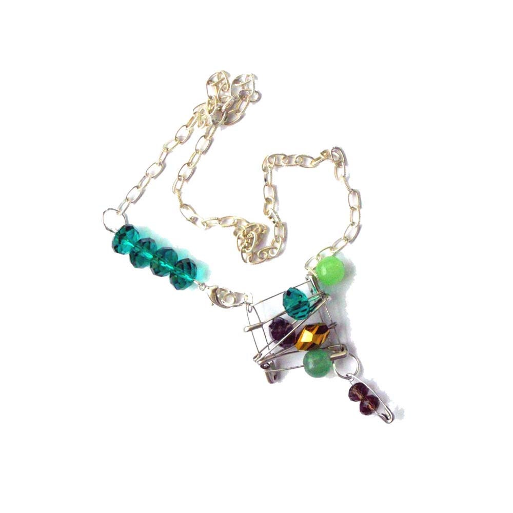 Safety pins  necklace Bib with emerald green, purple and golden beads for her - one of a kind - OOAK