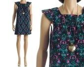 Vintage 70s Mini Dress - Black Baroque Floral Print Mini Tent Dress - S / M