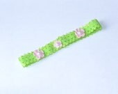 Lime Green Lace Headband with Dainty Pink Crochet Flowers - LittlePrincessPea Lime Green Lace Headband with Dainty Pink Crochet Flowers - LittlePrincessPea