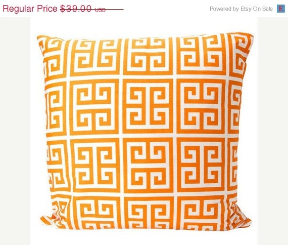 Spring Sale- Orange Greek Key Pillow Cover Maze Sherbet Orange White 20x20