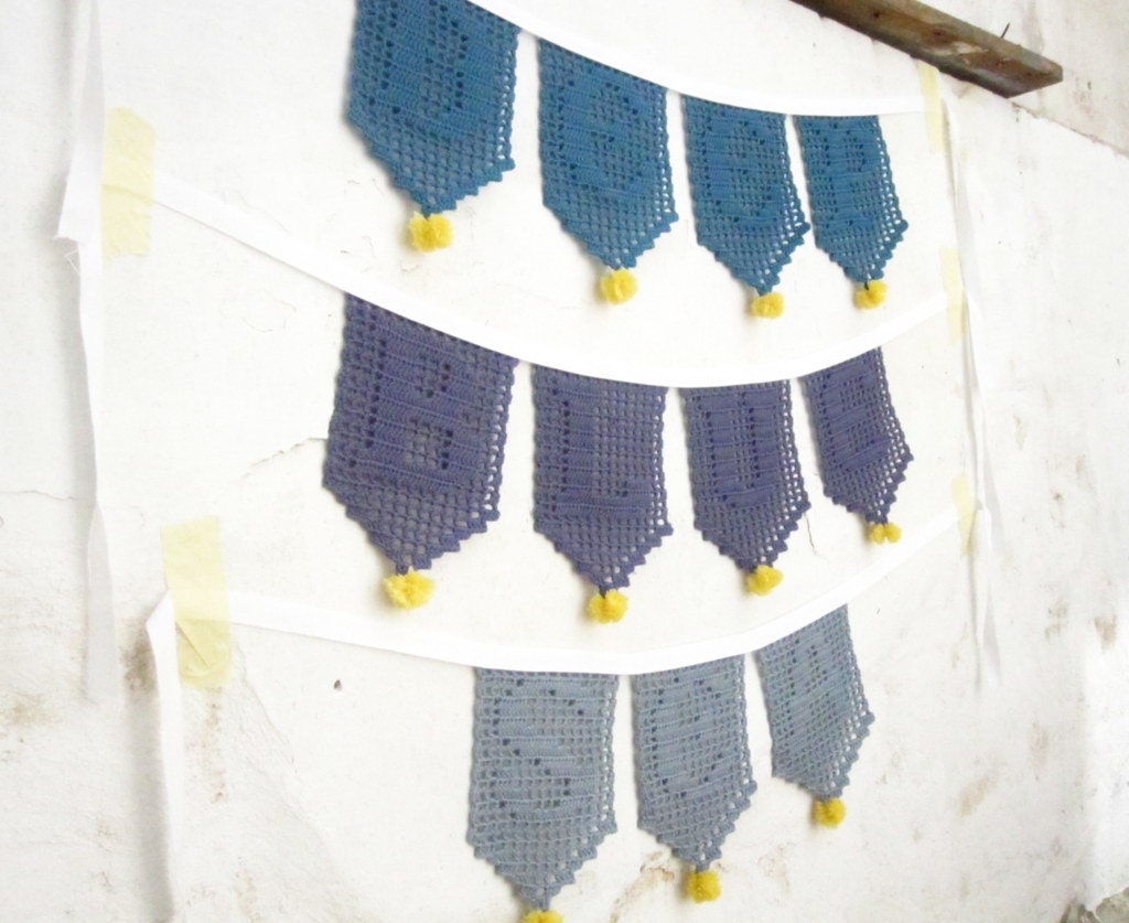 Deep, Blue, Sea,  filet crochet garland. Home decoration. Nautical theme.