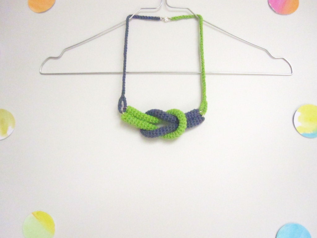 Together, crochet knot necklace. Nautical knot necklace. Neon green and concrete grey cotton yarn.