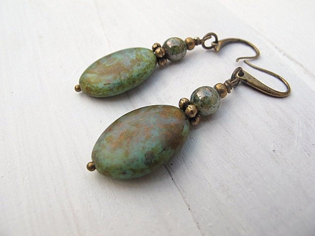 Turquoise Blue Dangle Earrings: Czech Glass, Metallic, Antique Brass, Ovals, Satin