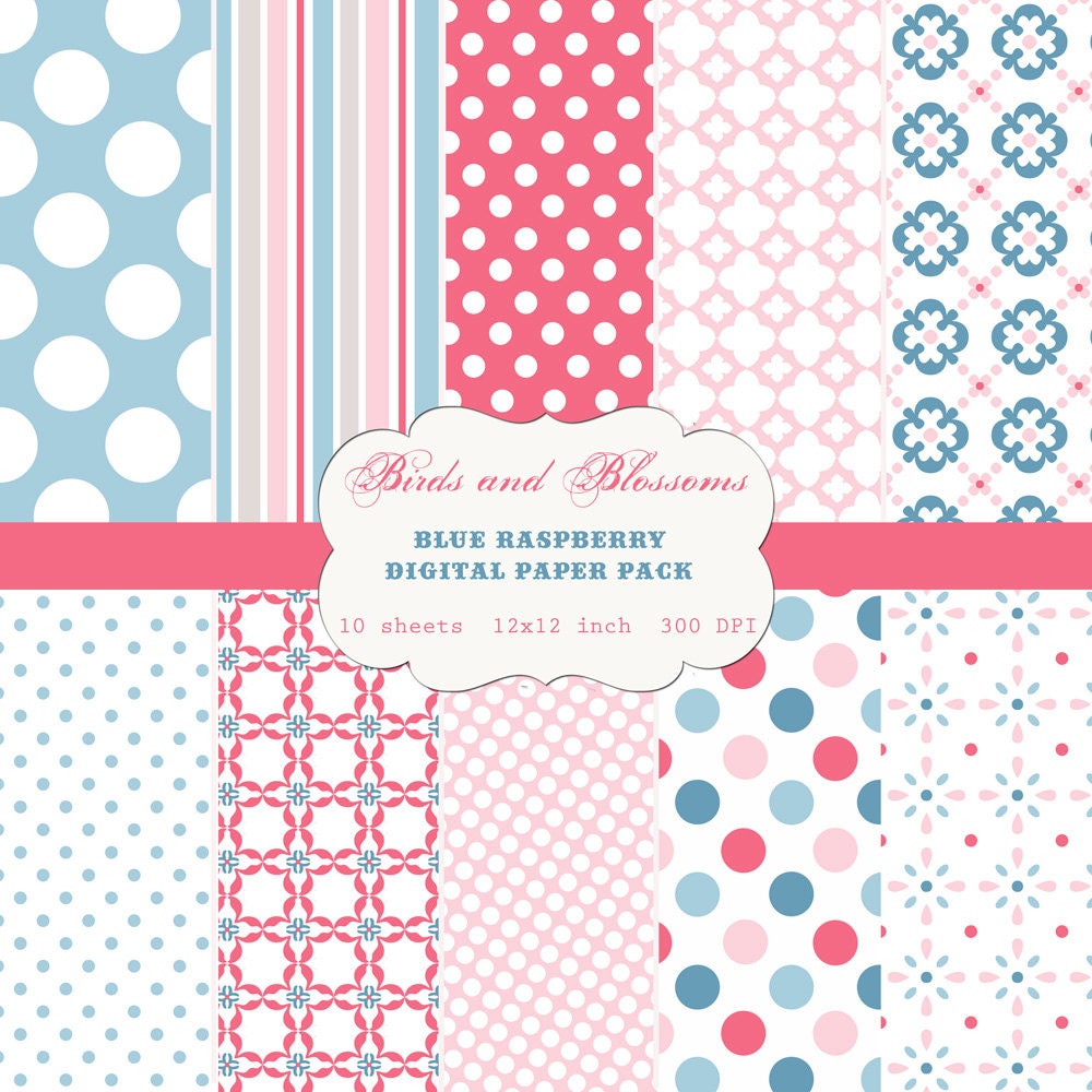 Blue Raspberry Digital Scrapbook Paper Pack for Personal or Commercial Use