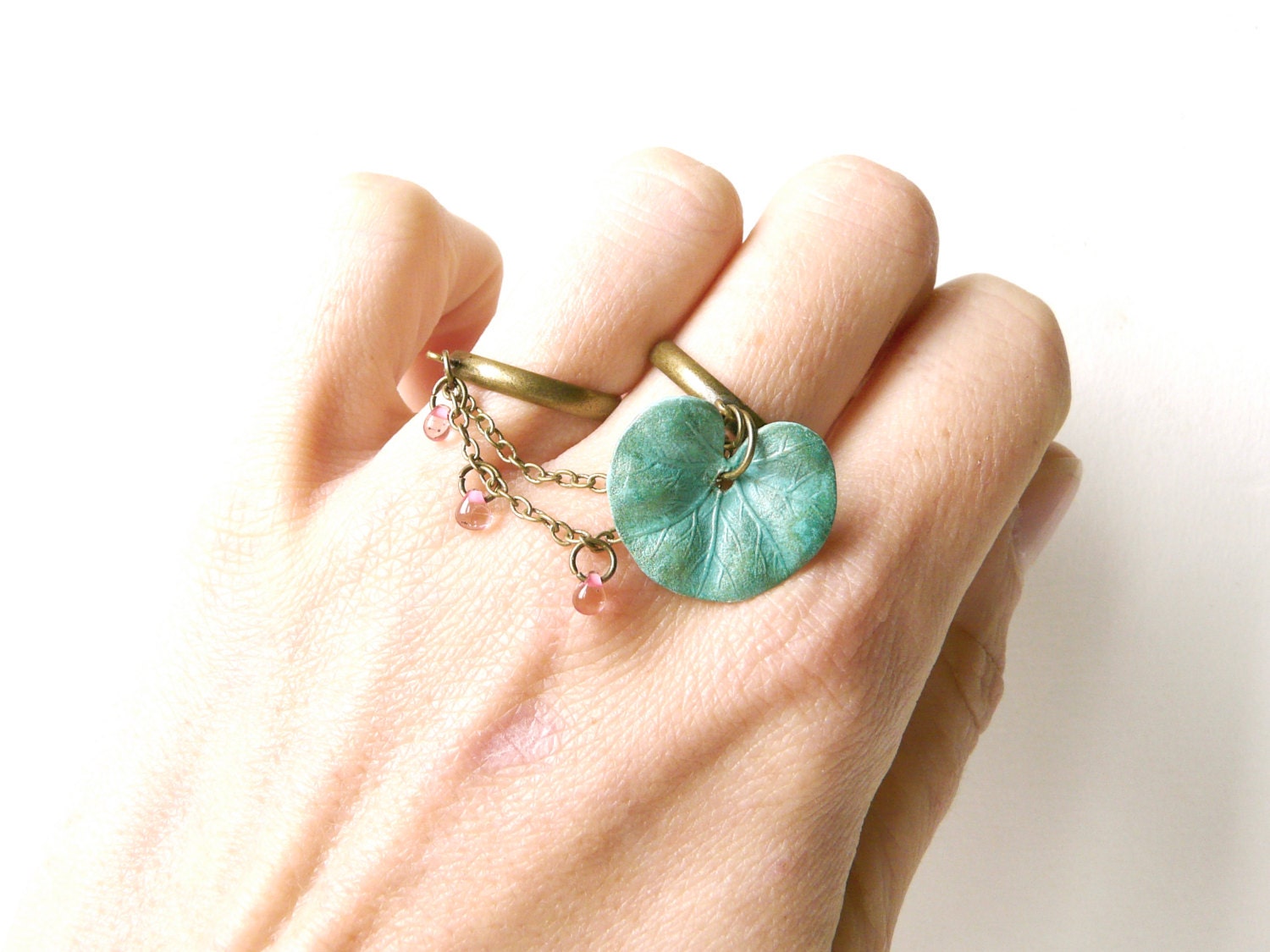 Enchanting verdigris water lily double ring ( brass, tears, multi strands, fairytale, whimsical , transparent, magic , chain, botanical) 10