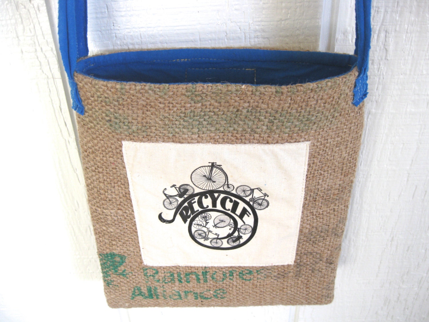 Monaco Blue. Eco Friendly. Upcycled Burlap & Tshirt. Sling Bag. Earth Day. Spring Fashion. Bicycle. For Her. Mothers Day. Gift Idea.
