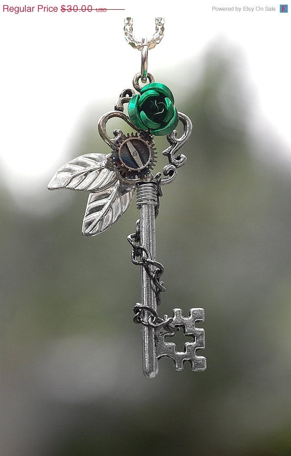 SALE - Green Winter Rose Key Necklace