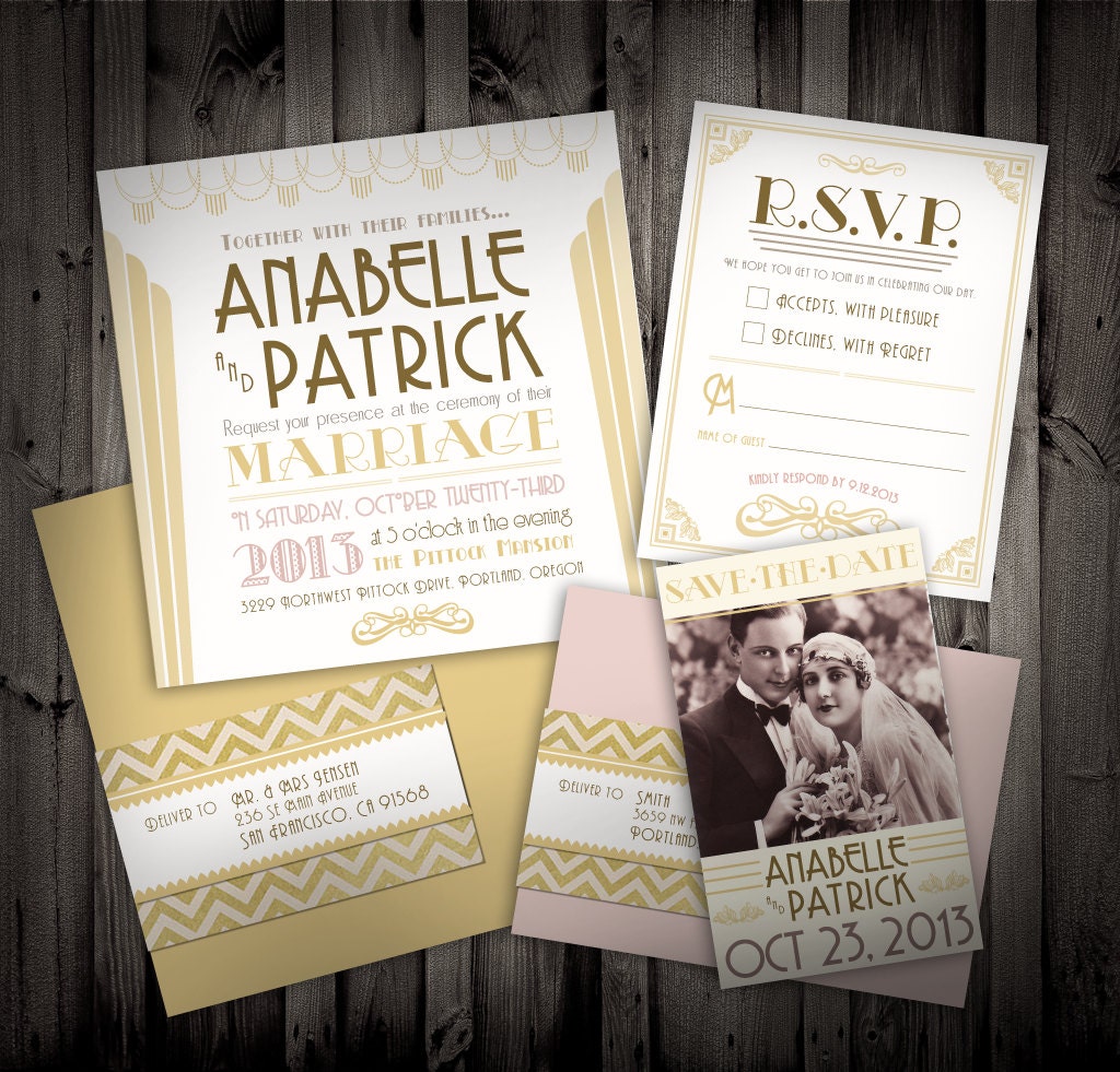 Great Gatsby Art Deco Themed Wedding Invitations and Save the Date