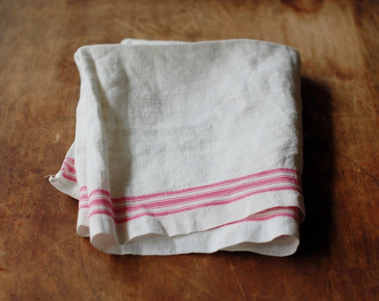 Vintage Linen Tea Towel with Pink Stripes