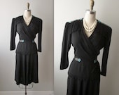 40s Dress  // Vintage 1940s Beaded Black Rayon Cocktail Party Swing Dress S M