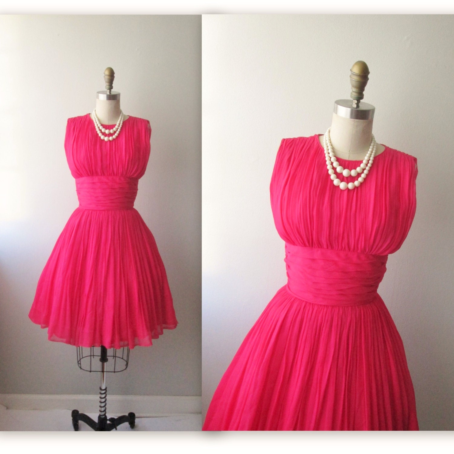 50s Chiffon Dress // Vintage 1950s Hot Pink Chiffon Wedding Party Prom Dress XS