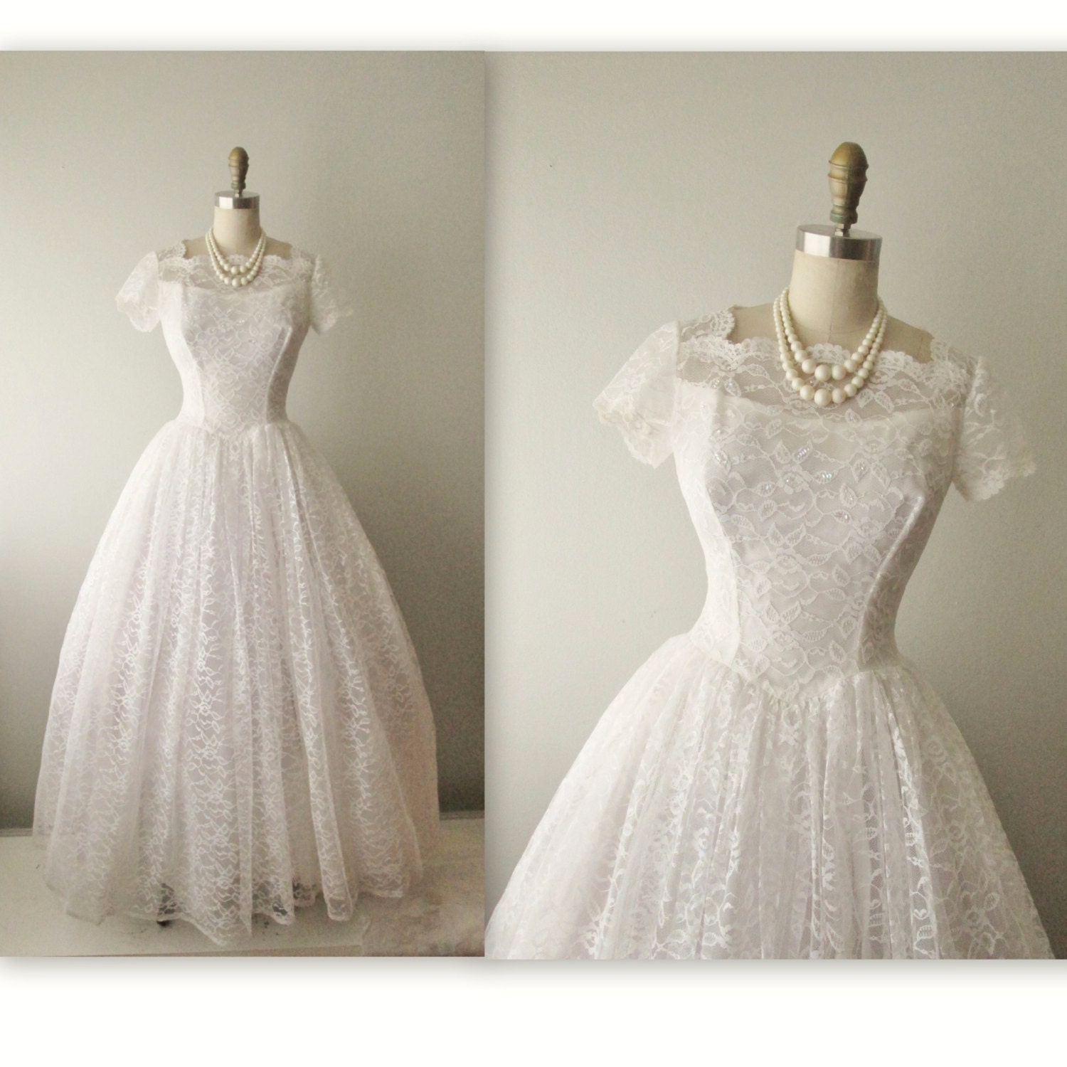 50s Wedding Dress // Vintage 50s White Lace Illusion Wedding Dress Gown XS
