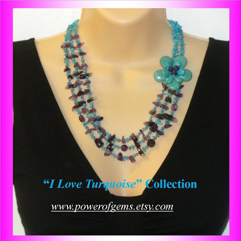 sale-TURQUOISE FANTASY-blue turquoise necklace, purple amethyst, statement, chunky, big, bold, multi-strand, handmade, natural stone beaded