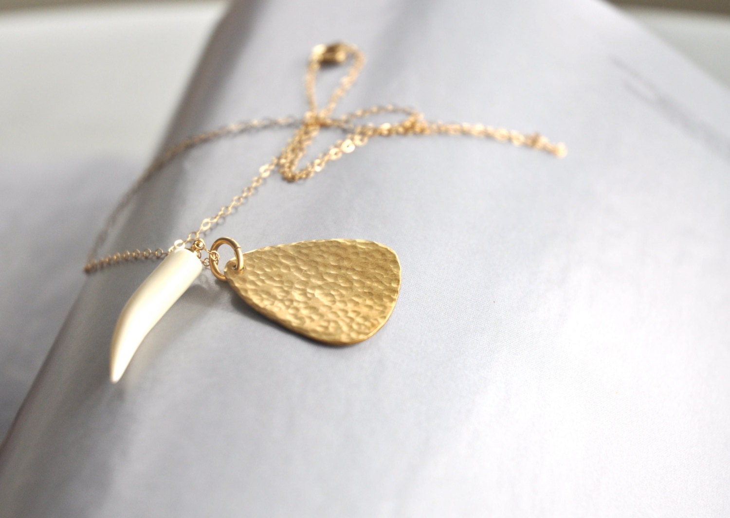 Gold Hammered Guitar Pick Horn Necklace