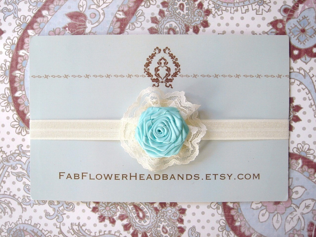 Aqua and Ivory Lace Headband - Baby Headband - Newborn Headband - Flowergirl Headband