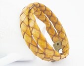 Double wrapped rustic natural flat braided leather bracelet with magnetic clasp