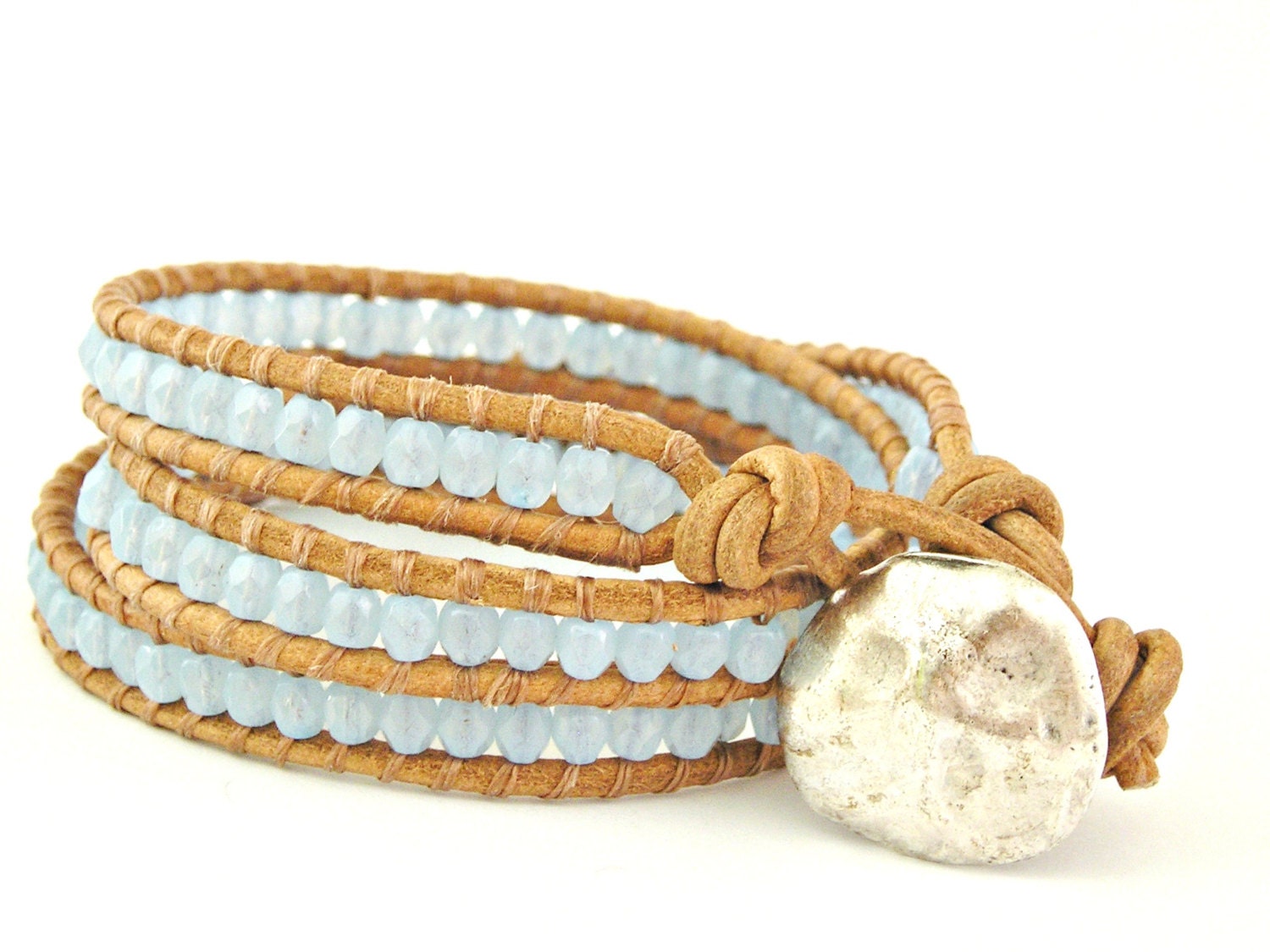Chan luu style -  Triple wrapped blue sky czech firepolished glass beads over natural leather bracelet