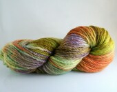 Cashmere knitting yarn, handspun, hand dyed, Window Box green violet orange