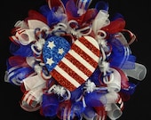 Patriotic Wreaths (24"), Memorial or Labor Day, Veterans Day, RWB, Poly Mesh Wreath, Deco Mesh - Item 776