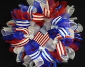 Patriotic Wreaths,Flag Wreath,  Memorial or Labor Day, Veterans Day, RWB, Poly Mesh Wreath, Deco Mesh - Item 779