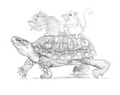mice riding a box turtle original art card