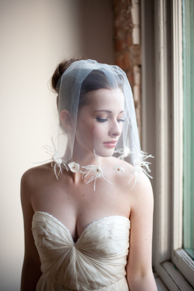 Bridal Veil, Blusher Veil, Short Veil, Silk Flower Embellished, Bridgitte