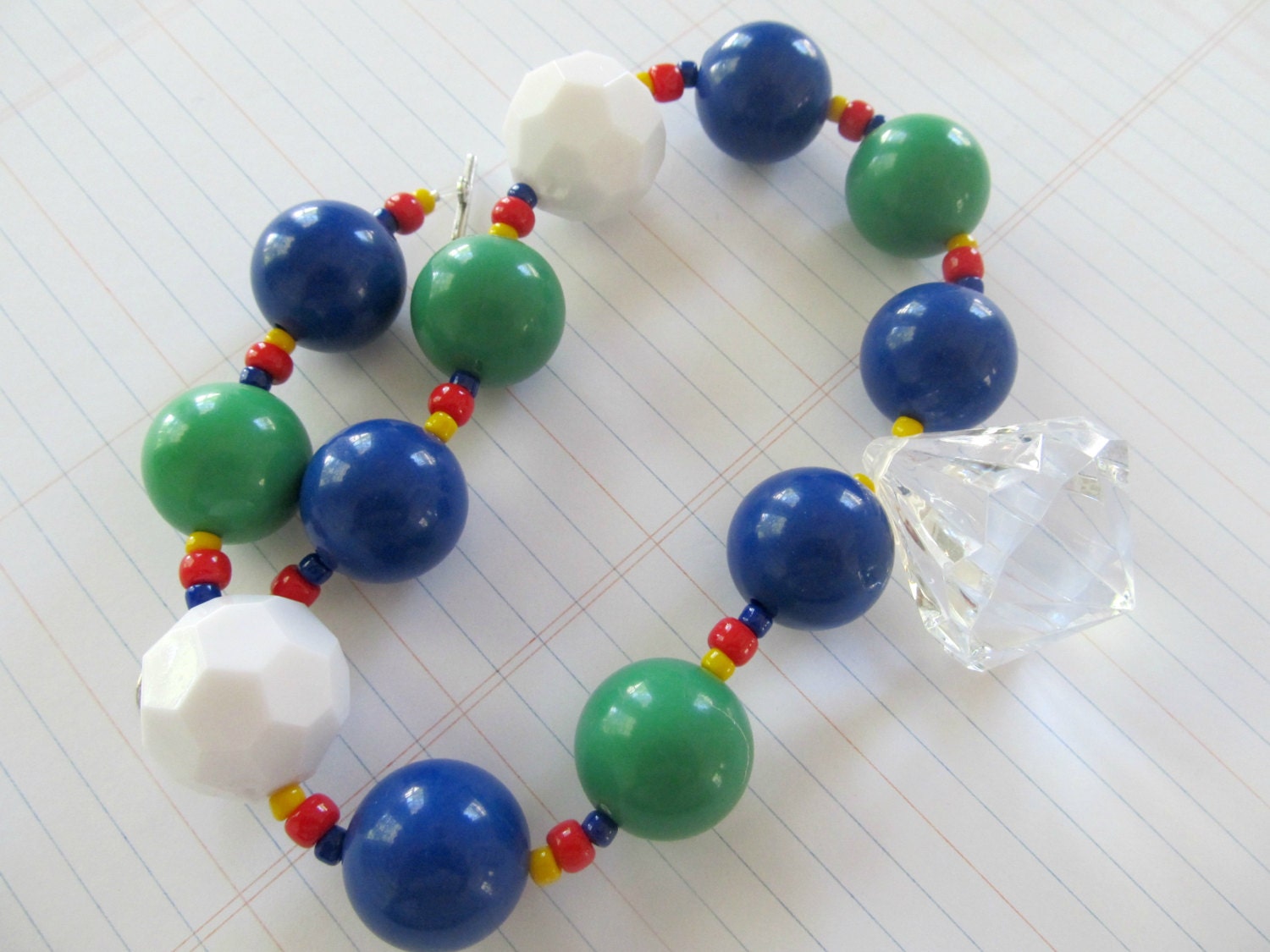 Primary colors, chunky beaded necklace, blue, green, red and yellow, candy bubblegum necklace