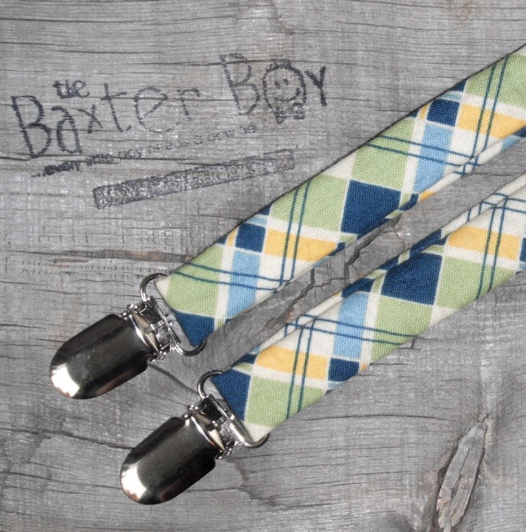 Green, Blue & Yellow diagonal plaid little boy matching suspenders - photo prop, wedding, ring bearer, accessory