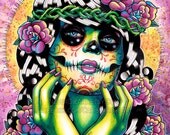 Day of the Dead Pin Up Girl With Sugar Skull - Somewhere in the Between By Carissa Rose apprx 11x14