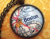 Vintage BOSTON Massachusetts Glass Map Pendant Necklace